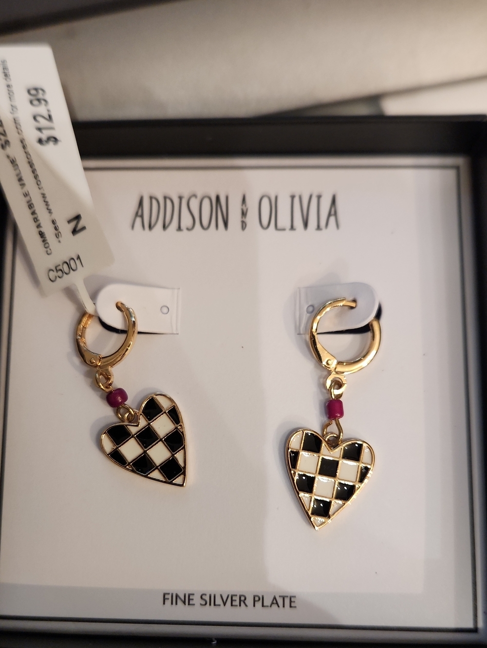 NWT In Org. Box Addison & Olivia Fine Silver Plate Checkered Heart Earrings